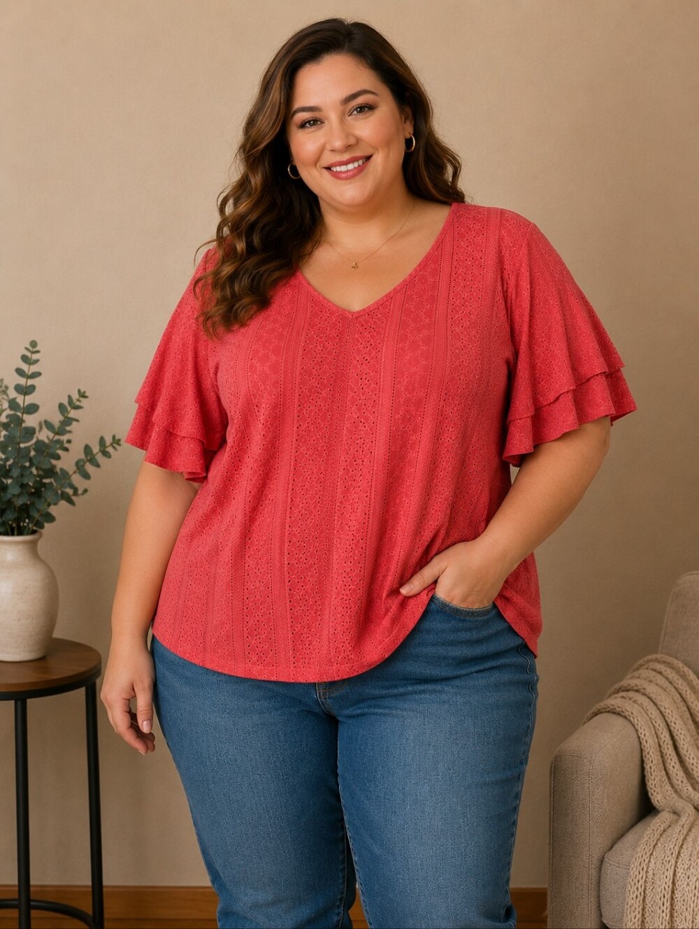 BloomChic Coral/Orange Eyelet V-Neck Ruffle Sleeve Tunic